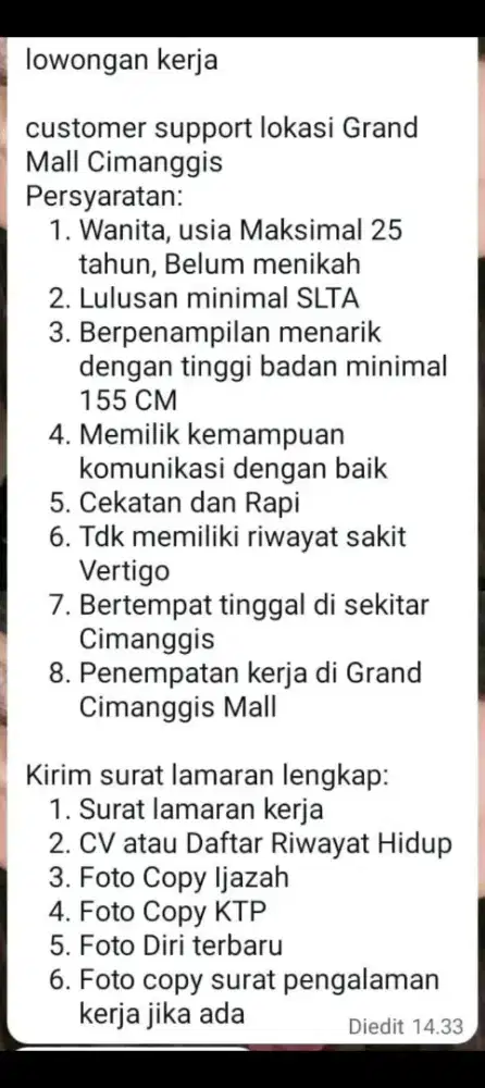 lowongan pekerjaan untuk di grand mall Cimanggis
