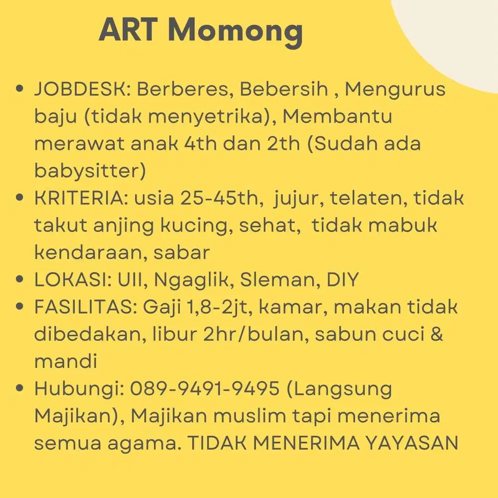 ART Momong PRT Suster Balita Anak Babysiter Pengasuh