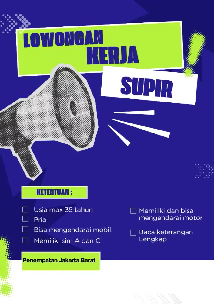 Dibutuhkan SUPIR lokasi Jakarta Barat