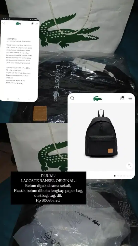 Tas ransel lacoste original 100% BARU belum dipakai sama sekali,