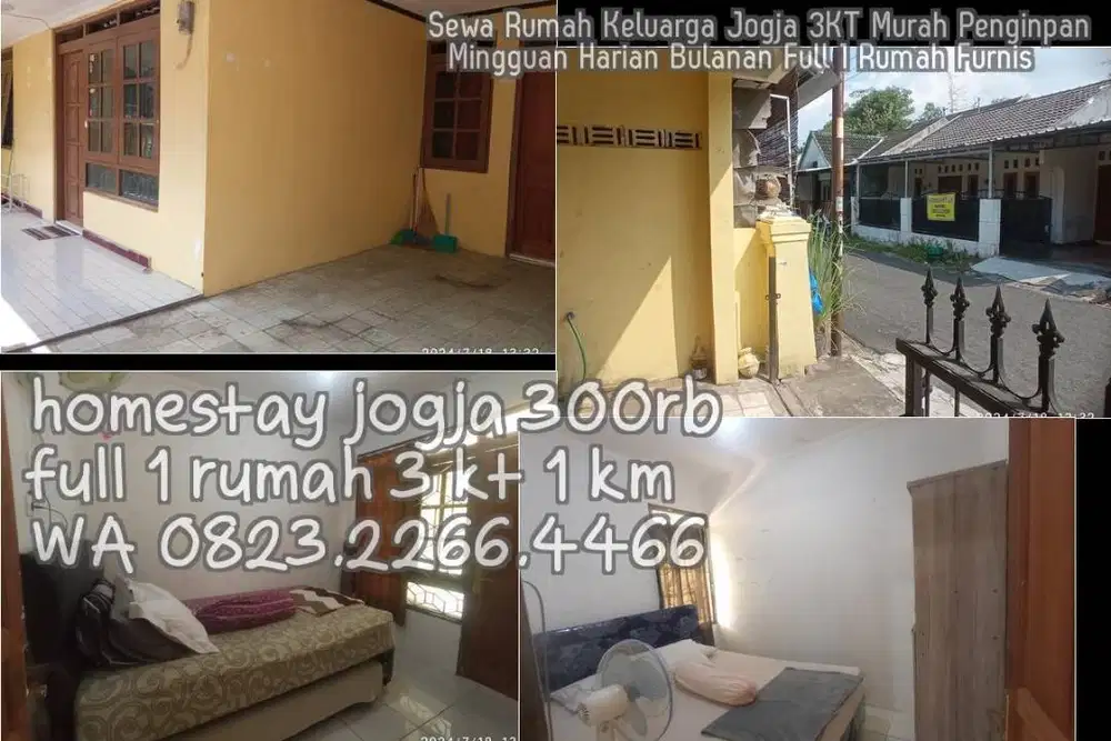 Sewa Rumah Keluarga Jogja 3KT Murah Penginpan  Mingguan Harian Bulanan