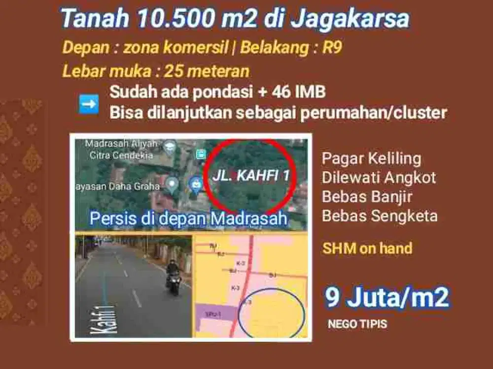 Tanah strategis Jl Kahfi 1. Bagian depan zona Komersil belakan zona R9