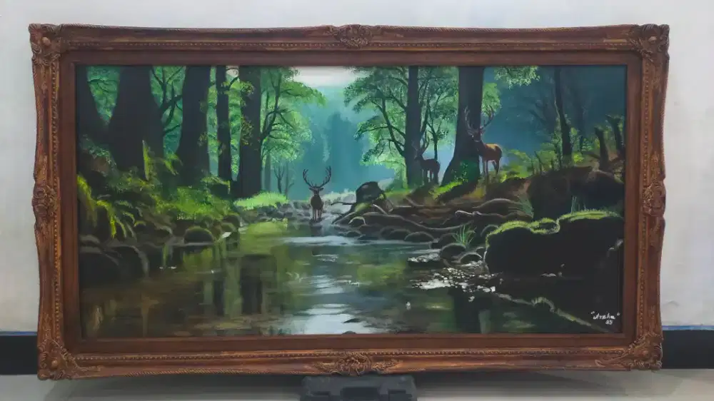 Lukisan pemandangan Sungai dan hutan variasi rusa