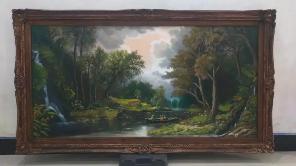 Lukisan pemandangan sungai dan hutan variasi orang memancing