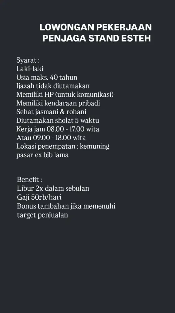 Lowongan kerja stand esteh