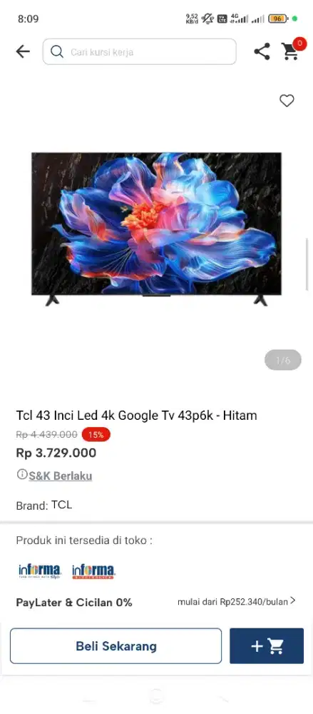 TV TCL 43 Inc bisa cicilan tanpa DP pakai indodana paylater