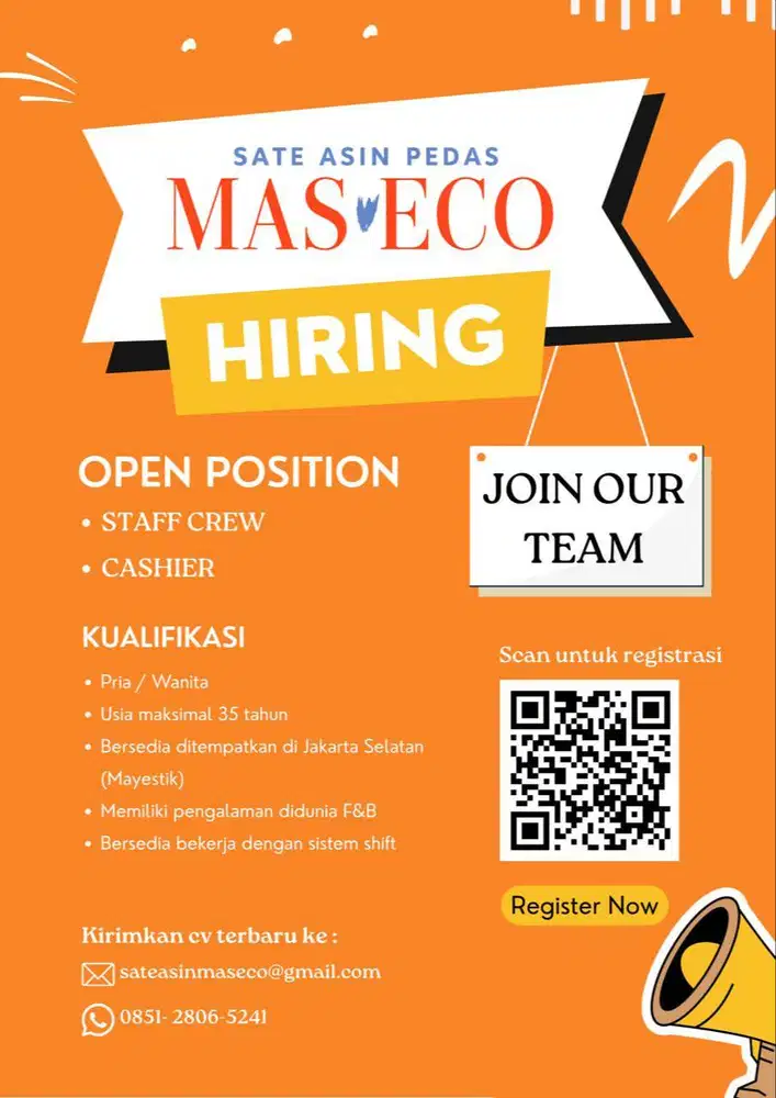SATE ASIN PEDAS MAS ECO HIRING (Staff Crew & Cashier)