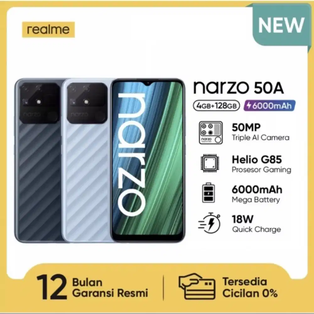 Realme narzo 50a ram 4gb 128gb baterai 6000 baru garansi resmi 1 tahun