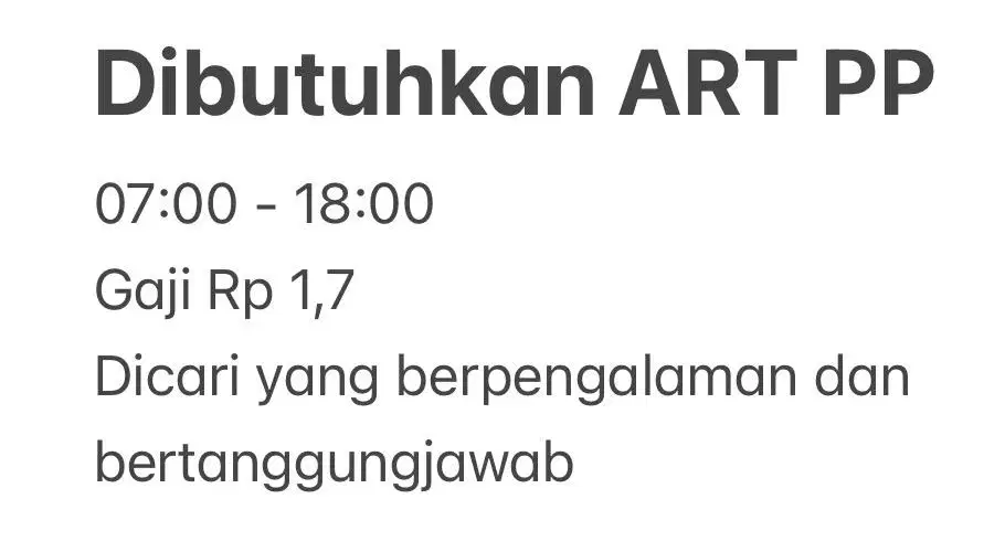 Dicari ART PP gaji Rp 1,7 perum the greenhill pondok rajeg