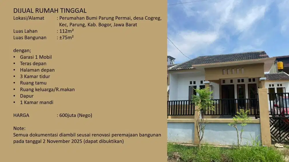 DI JUAL RUMAH LT 112 DI PARUNG 600JT NEGOABLE
