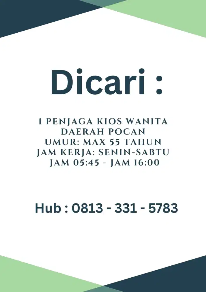 Dicari penjaga kios WANITA