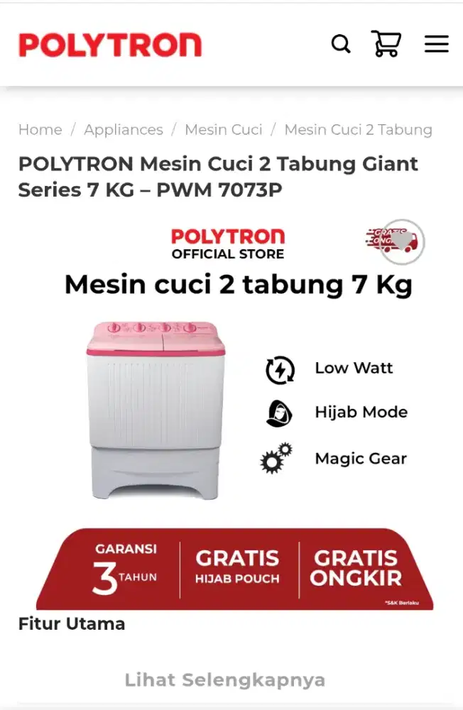 Mesin cuci polytron 2 tabung PWM-7073P