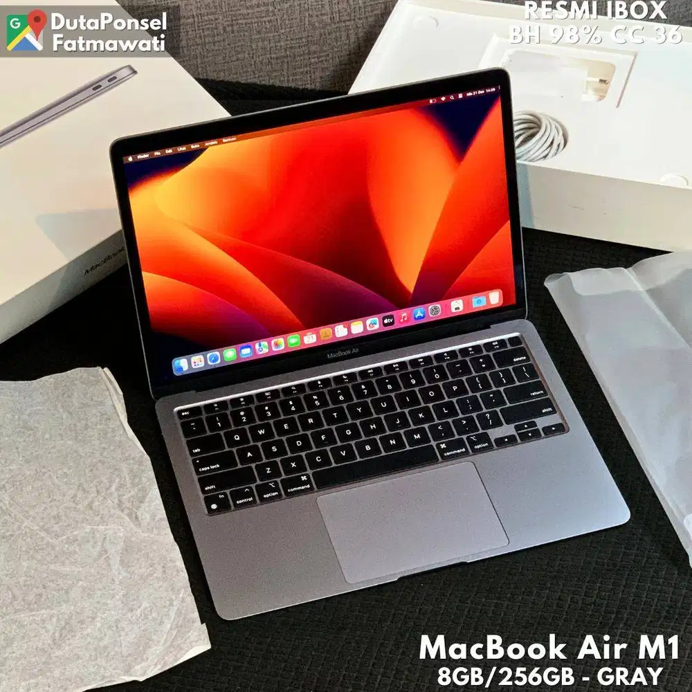 MACBOOK AIR M1 CHIP M1 8GB/256GB BH 98% CC 36 RESMI IBOX
