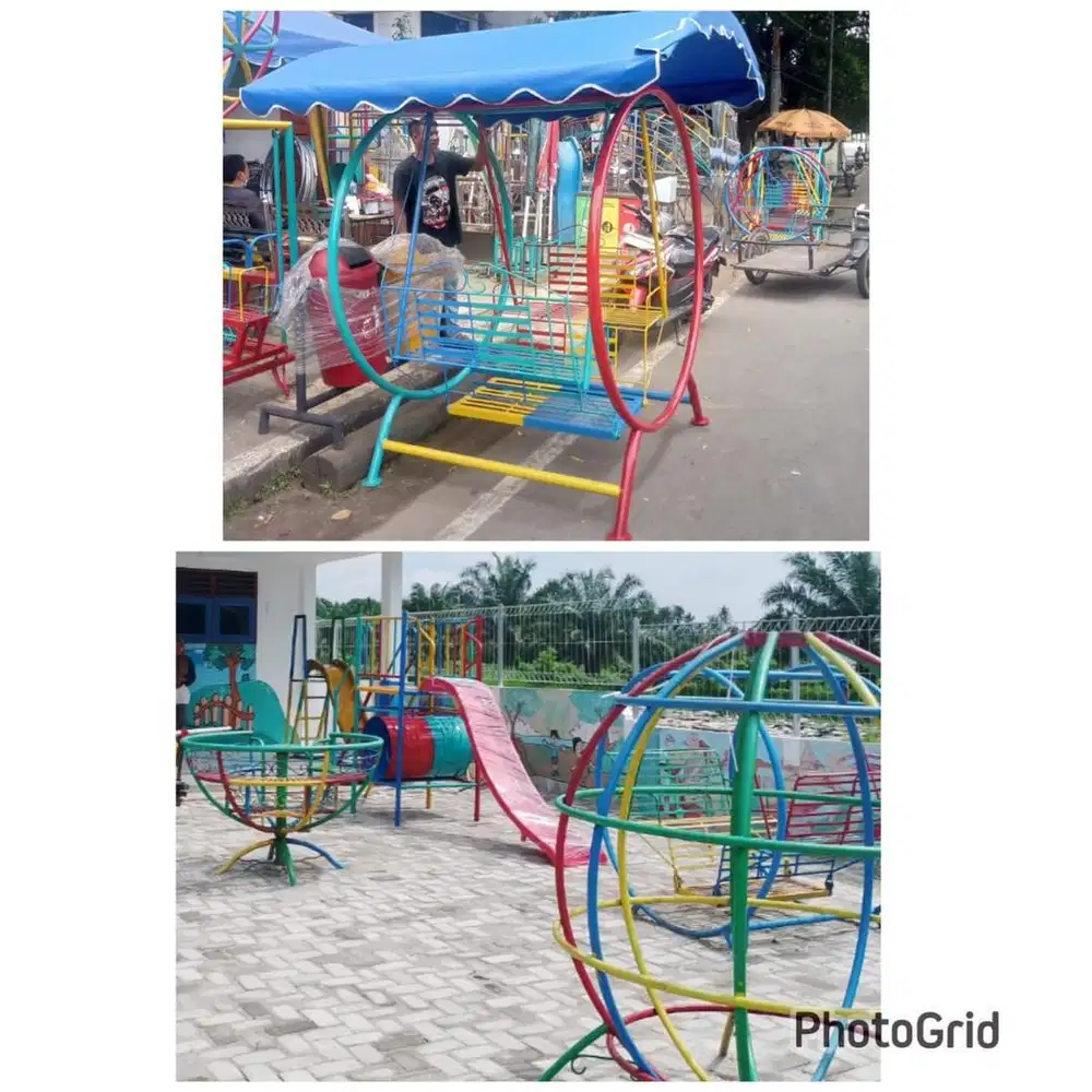 Perosotan, ayunan, jungkat jungkit, playground, bola dunia, kuda kuda