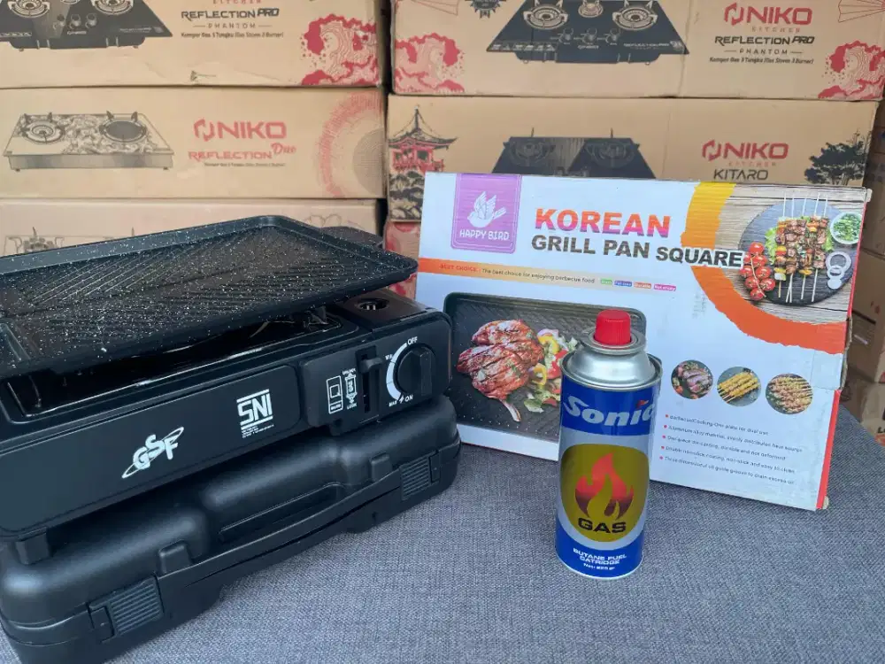 BARU PAKET KOMPOR PORTABEL + KOREAN GRIL PAN ANTI LENGKET+ GAS KALENG