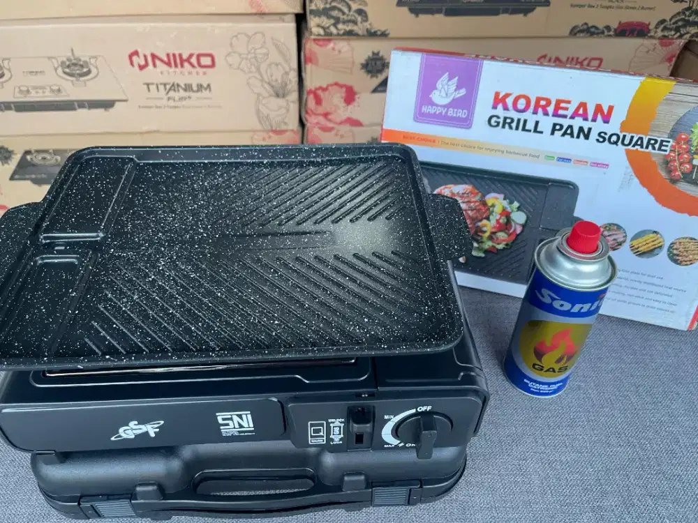 HADIR PAKET KOMPOR PORTABEL+GAS KALENG+ KOREAN GRIL PAN ANTI LENGKET