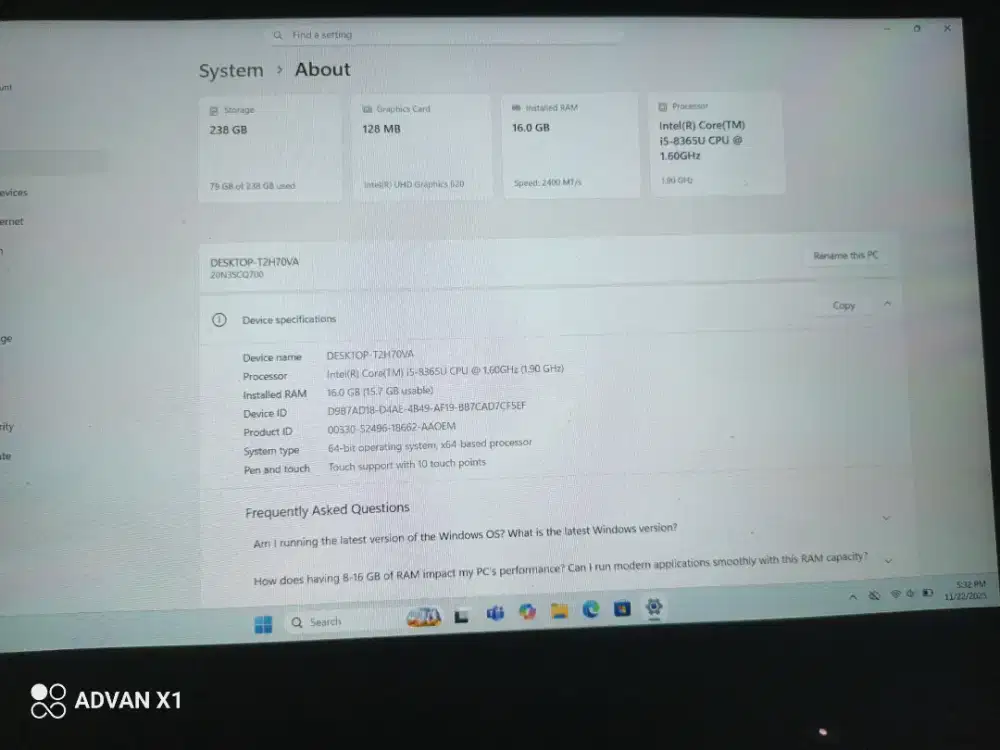 Lenovo thinkpad T490 RAM 16 SSD 256 (touchscreen)