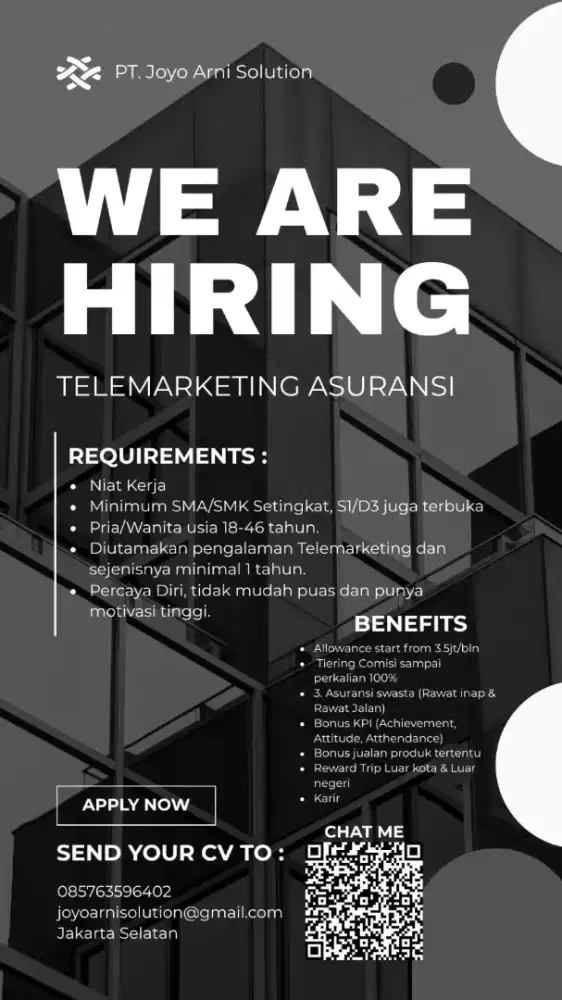 Dibutuhkan telemarketing asuransi min punya 1 tahun pengalaman