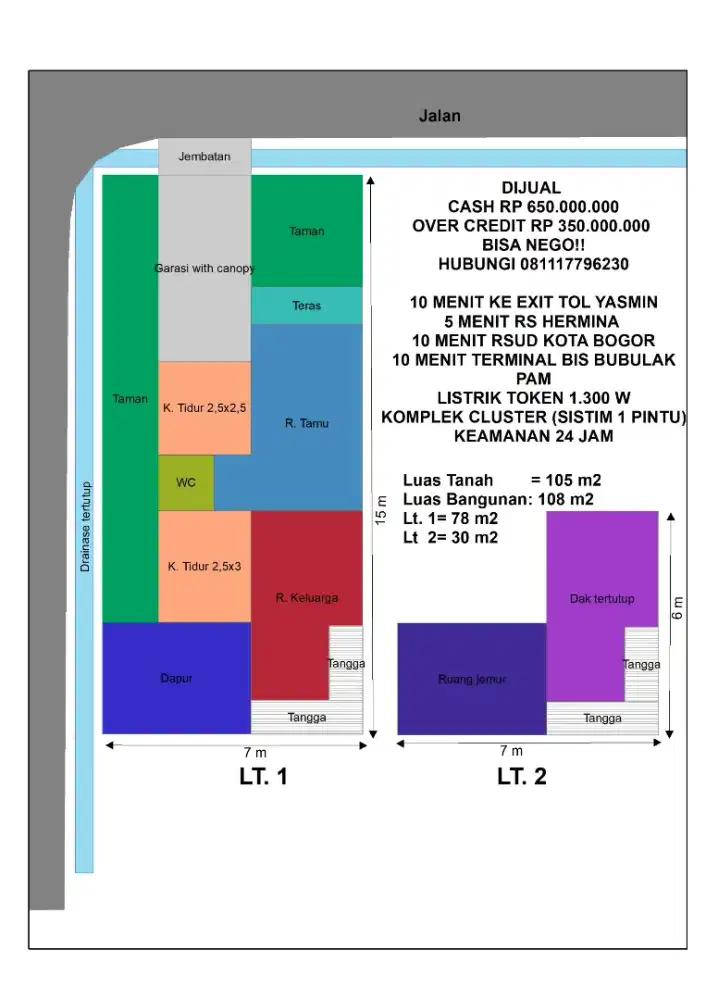 Rumah Dijual Tunai/Over Credit hook, 2 lt