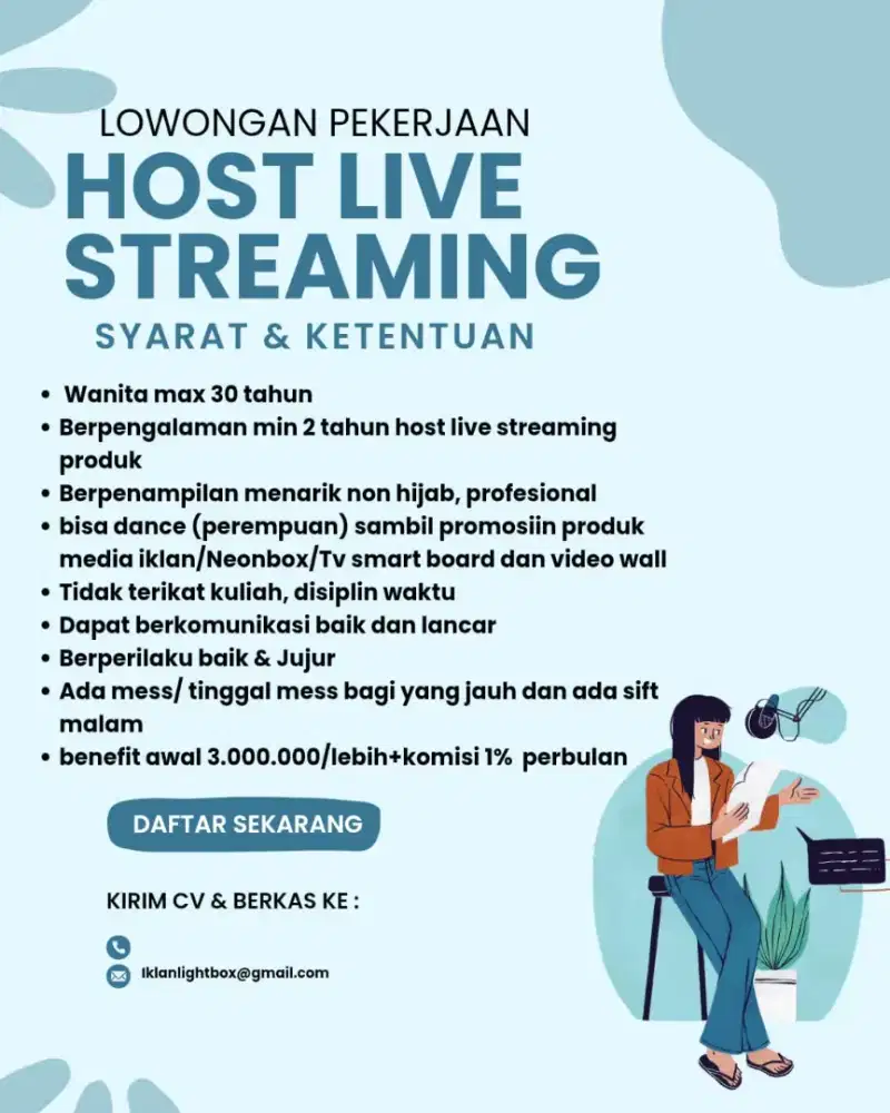 Harap di baca syarat iklan Loker wanita Host live produk menarik