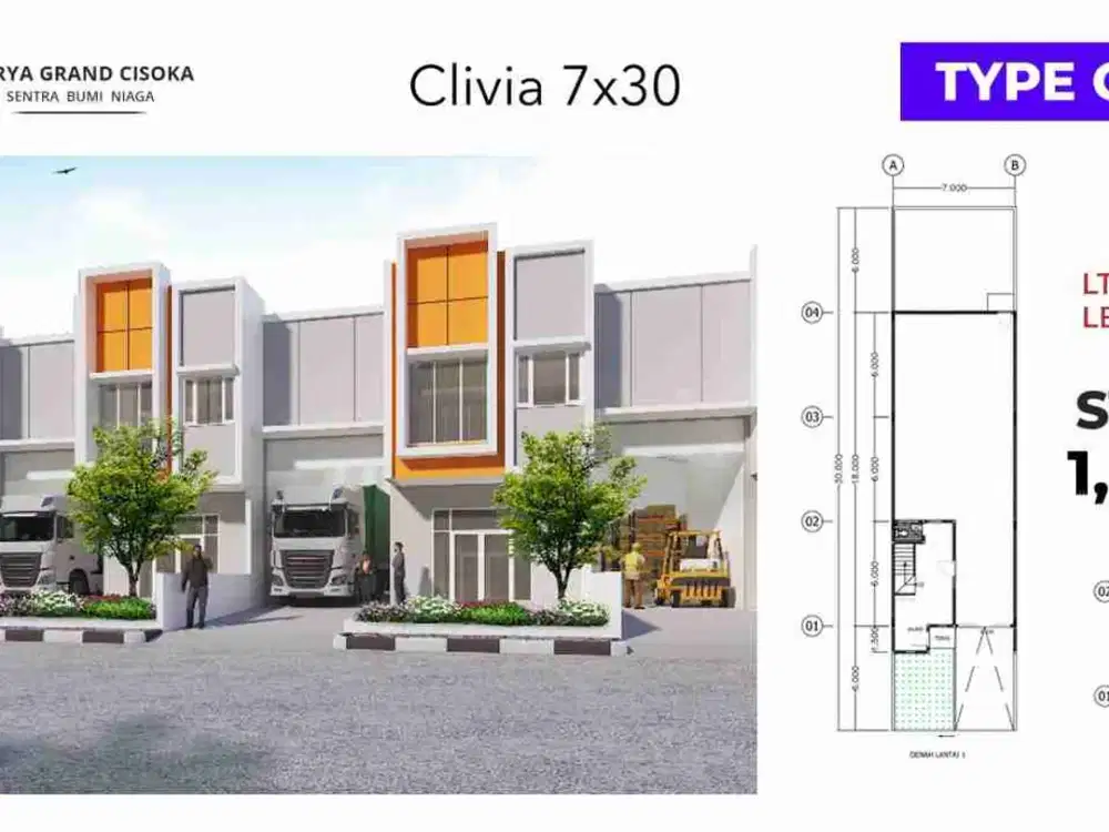 Ruko Gudang Clivia 7x30 LT 210 LB 156 – Start 1,25 M di Surya Grand Cisoka