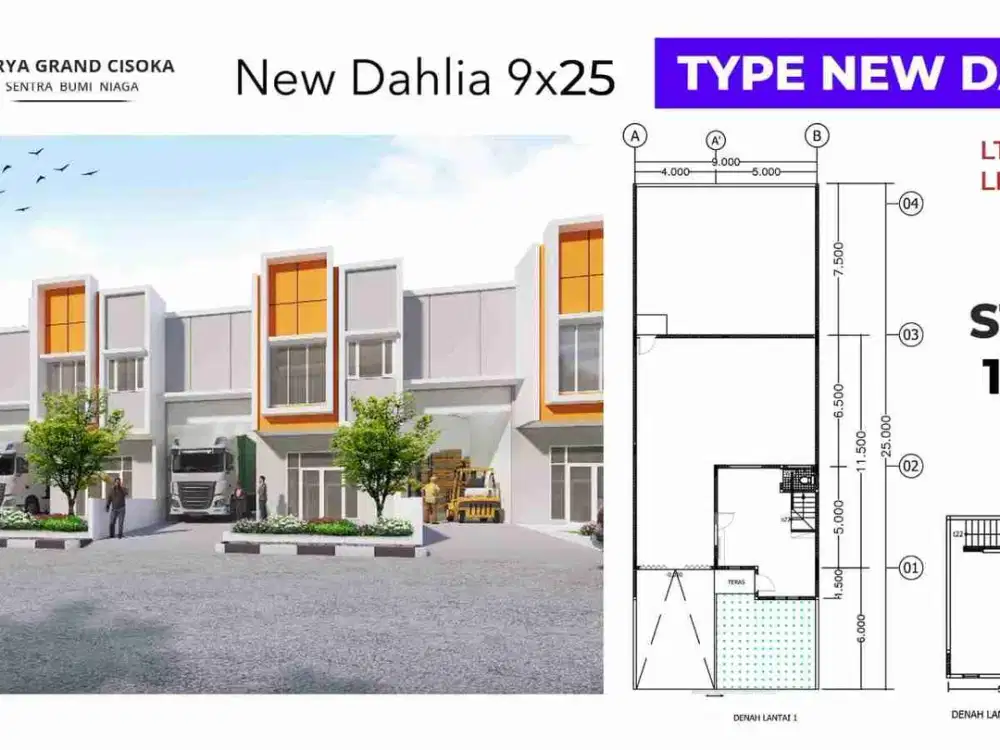 Ruko Gudang New Dahlia 9x25 Surya Grand Cisoka – LT 225 LB 140 Start 1,3 M