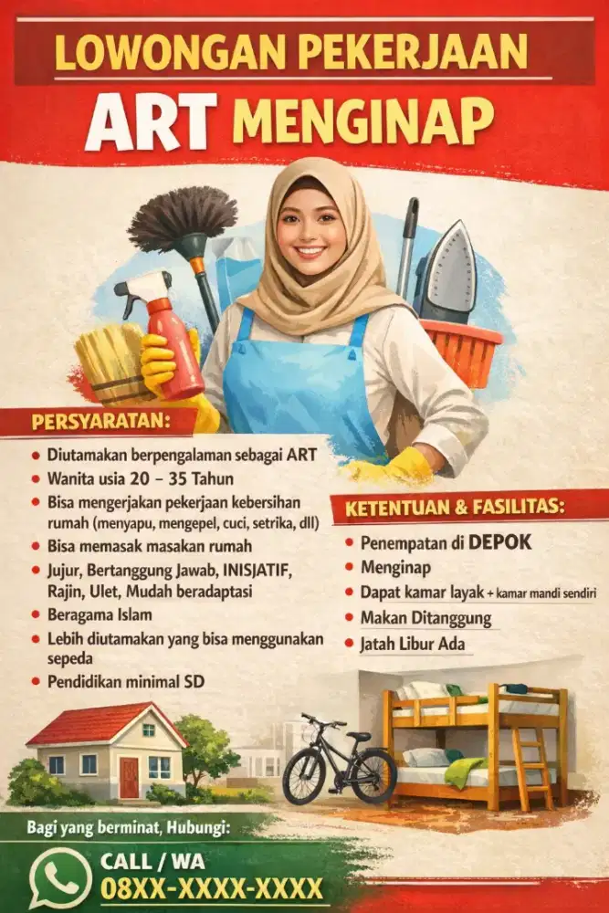 Lowongan kerja ART (Asisten Rumah Tangga) Menginap