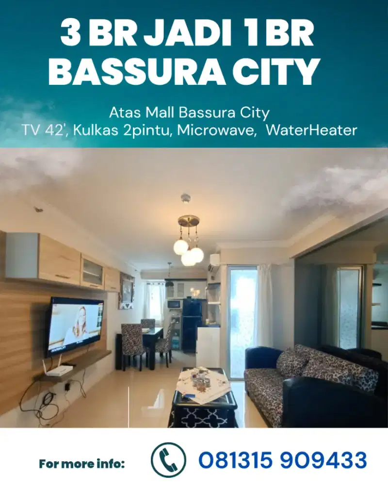 Sewakan Bulanan Tahunan 1 BR Tipe 3 BR Apartemen Bassura  Free IPL