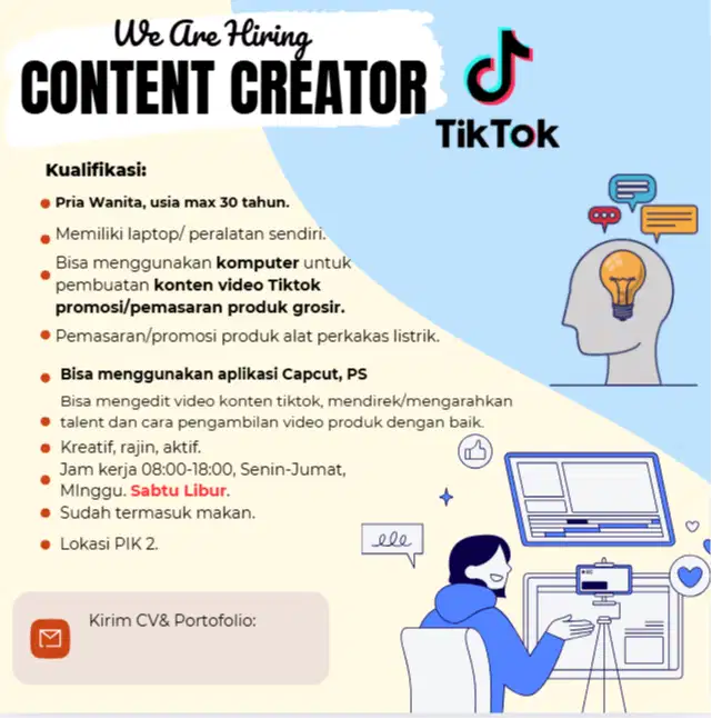 Dicari content creator kreatif, aktif, pemasaran produk