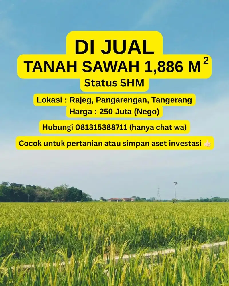 DIJUAL TANAH SAWAH 1886M2 SHM DAERAH TANGERANG