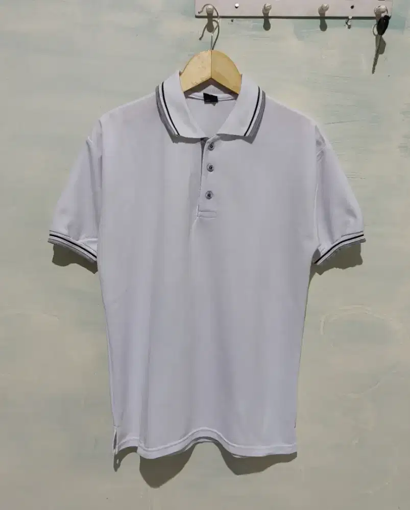 Kaos Polo Shirt Putih Polos Kerah List Hitam Abu XL Fit L