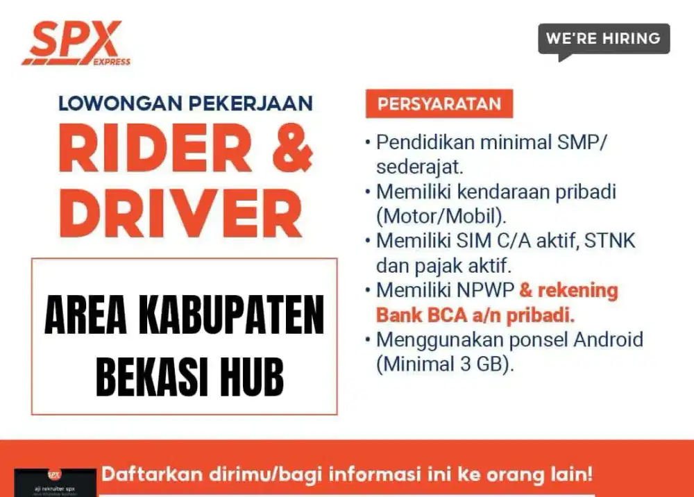 LOWONGAN KERJA KURIR DEDICATED & MITRA
Shopee Express (SPX)