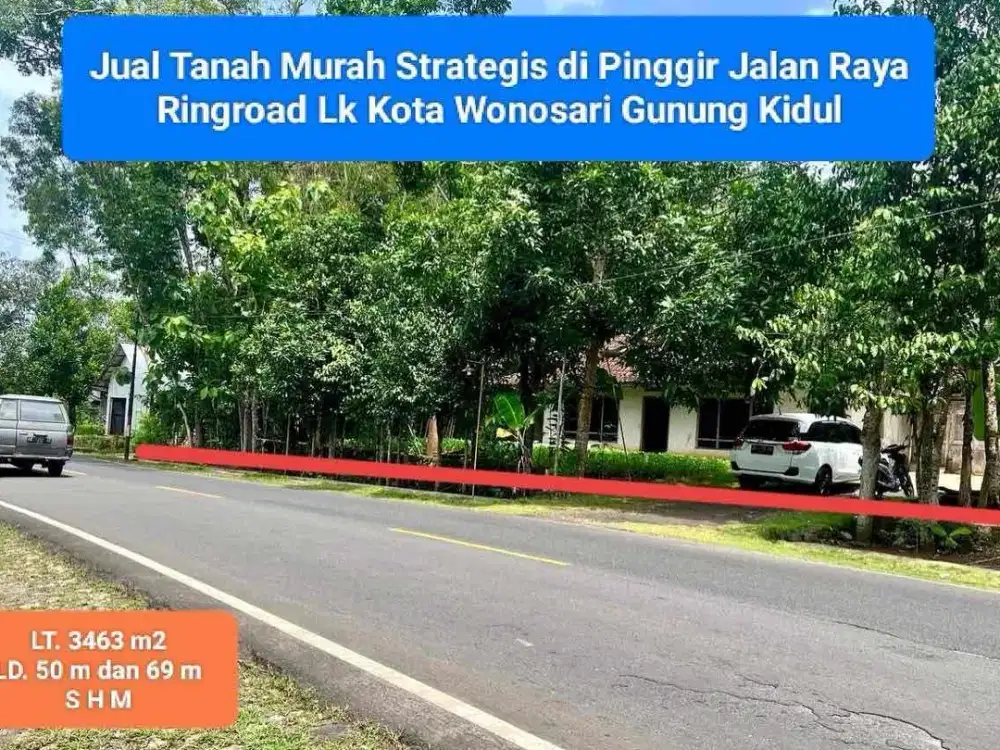 Jual Tanah murah pinggir jalan raya ringroad lingkar kota Wonosari Gunung Kidul Luas 3463 m2 harga 1 jt permeter