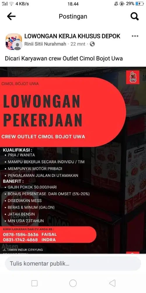LOWONGAN KERJA CIMOL BOJOT UWA DEPOK   IG & TIKTOK : @cimolbojotuwa