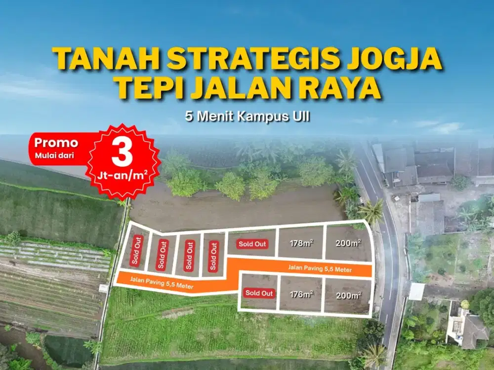 Tanah Jogja Tepi Jalan Raya Area Kampus UII,Legalitas SHM Pekarangan