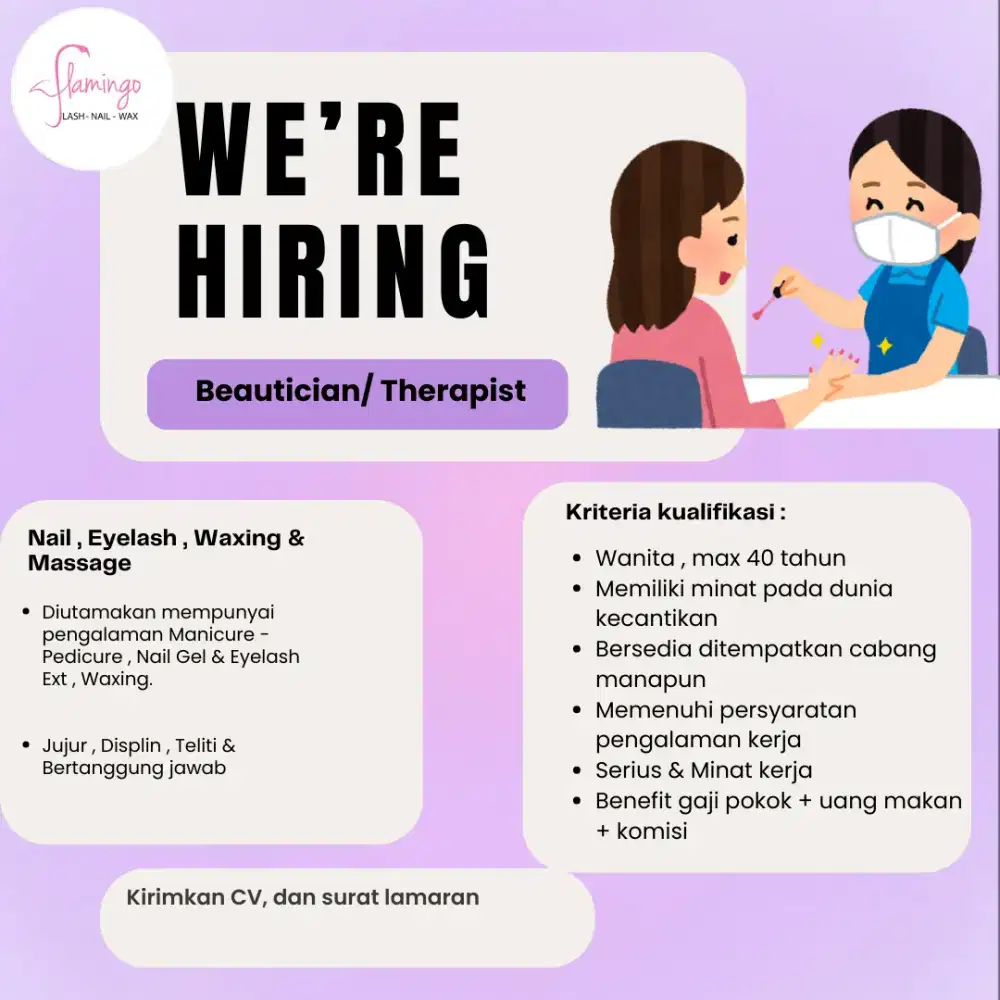 Dibutuhkan segera Beautician/therapist Nails , Eyelash , Waxing & Brow