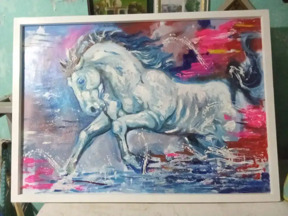 Lukisan asli judul kuda putih media cat minyak dan kanvas