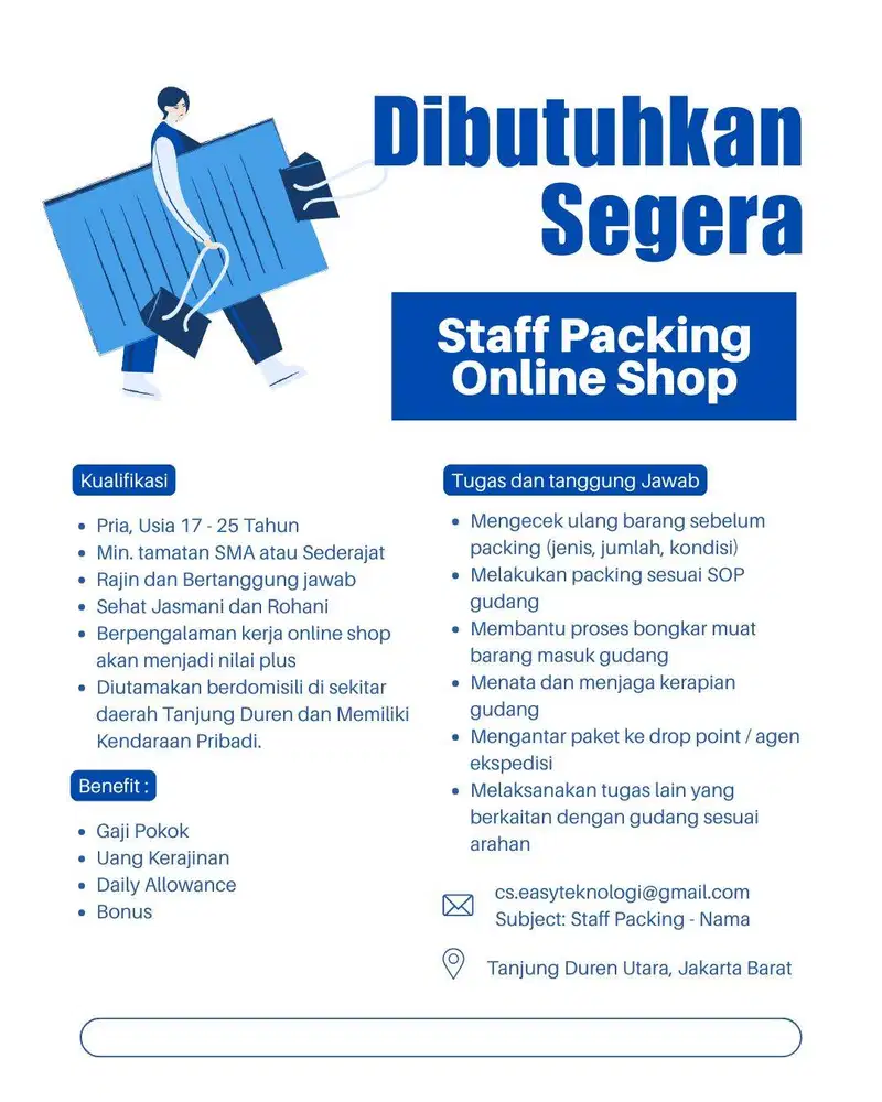 [ DIBUTUHKAN SEGERA ] Lowongan Kerja Staff Packing Online Shop