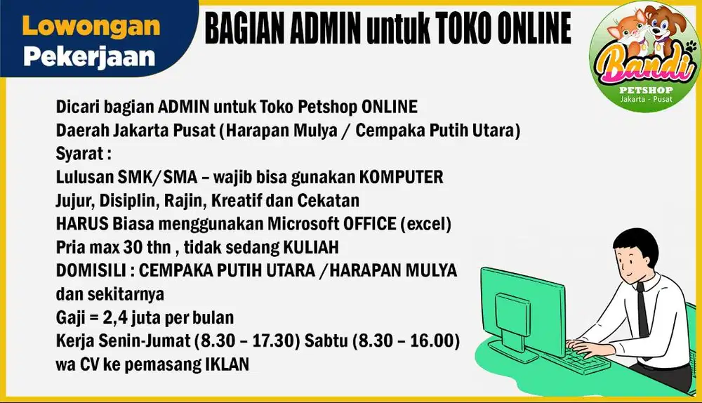 Dibutuhkan bagian ADMIN untuk Toko Petshop ONLINE