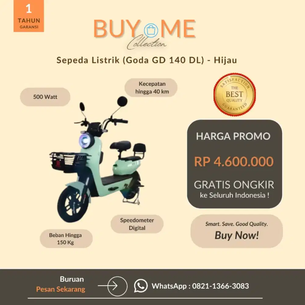 Sepeda Listrik Goda GD 140 DL (Hijau) - Desain Stylish & Gratis Ongkir