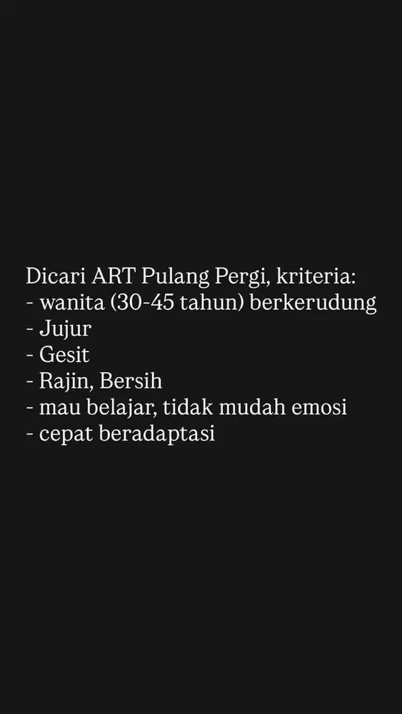 Dicari ART (Asisten Rumah Tangga) Wanita