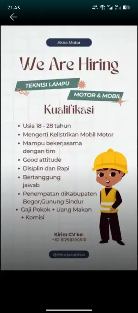 Loker teknisi variasi mobil & motor