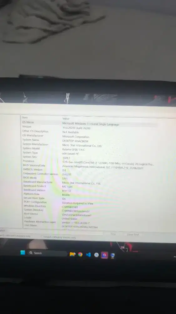MSI KATANA GF 66 12UC GTX 3050 I7 Gen 12 RAM 16GB 512 SSD
