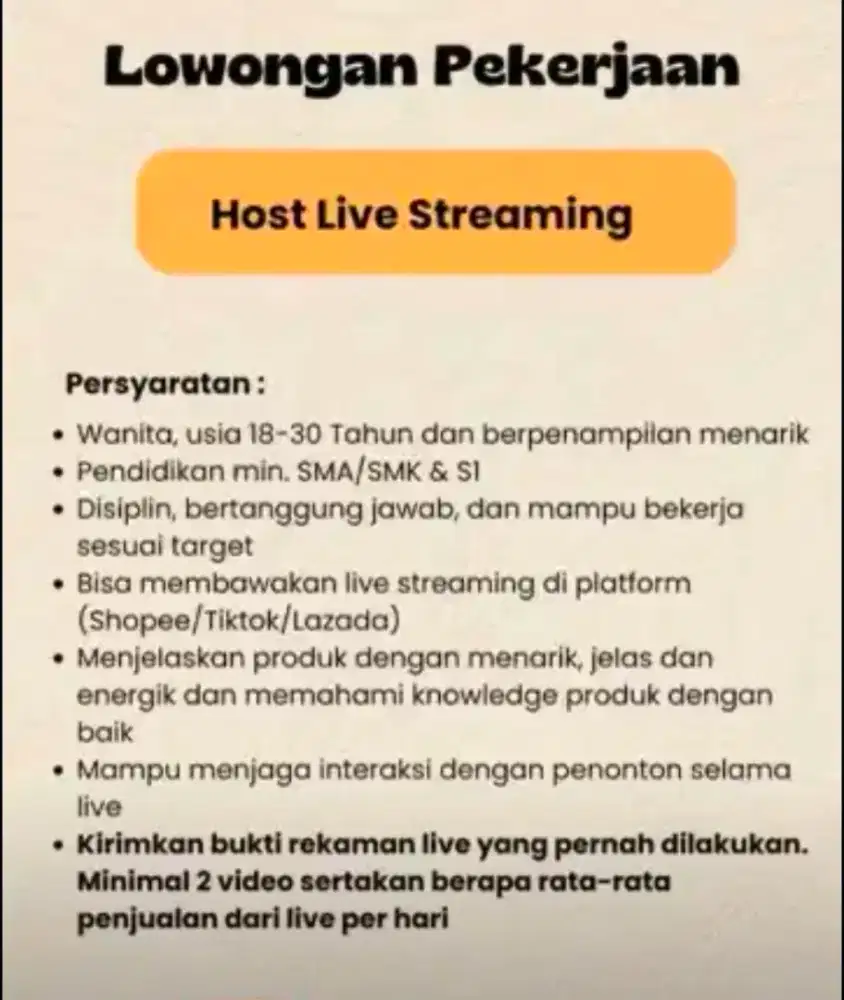 Lowongan Host Live Tiktok & Shopee