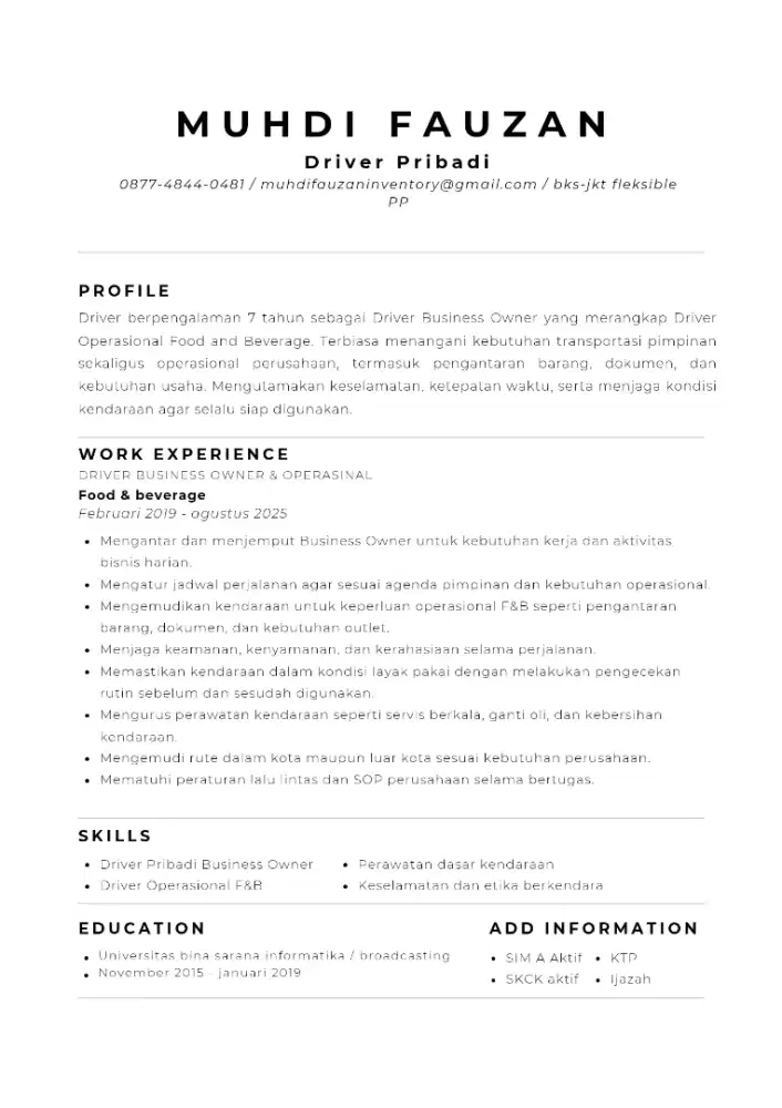 Driver pribadi dan operasional kantor atau logistik SIM A