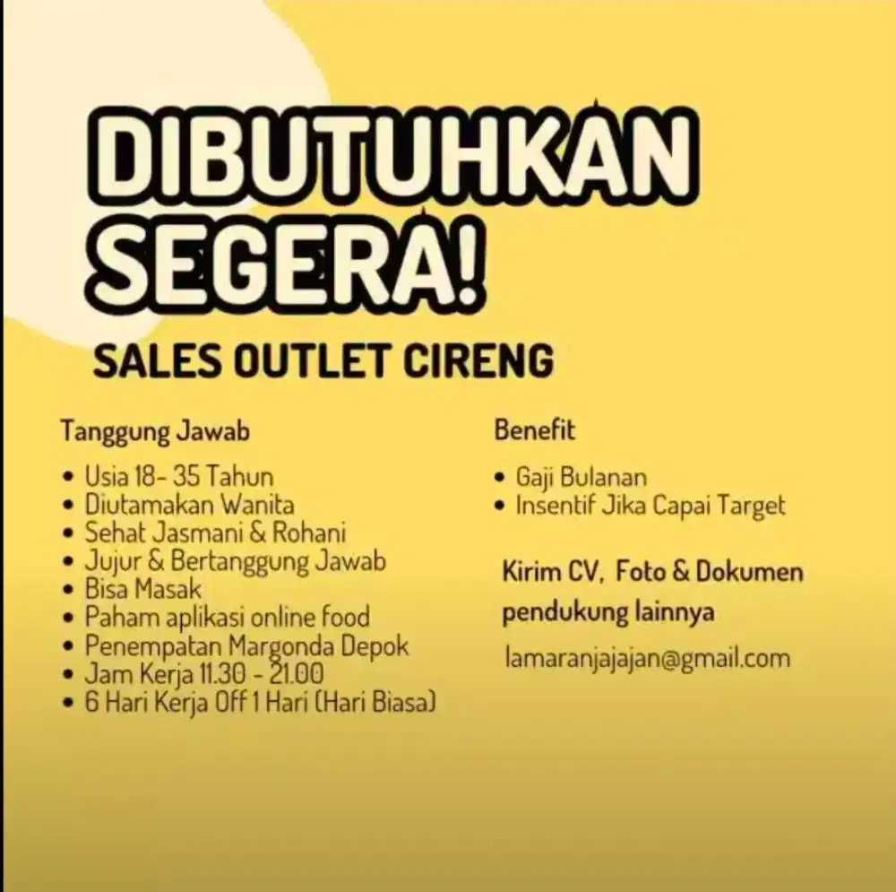 lowongan kerja 1 orang karyawati jaga outlet Cireng