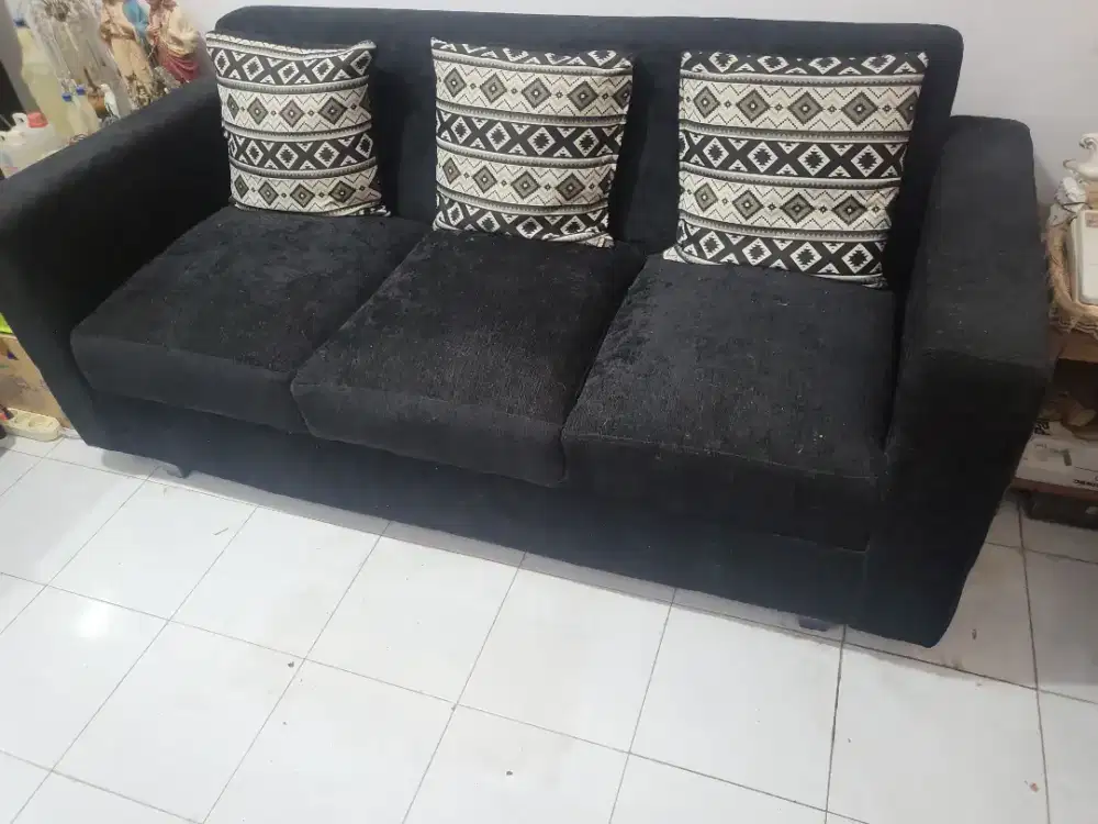 Sofa 3 Seater 3 Dudukan Kain Canvas Hitam 180x76x80 Baru