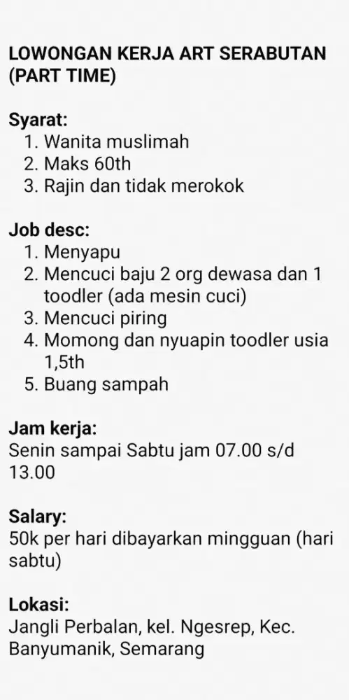 Lowongan Kerja ART+Momong Banyumanik Semarang