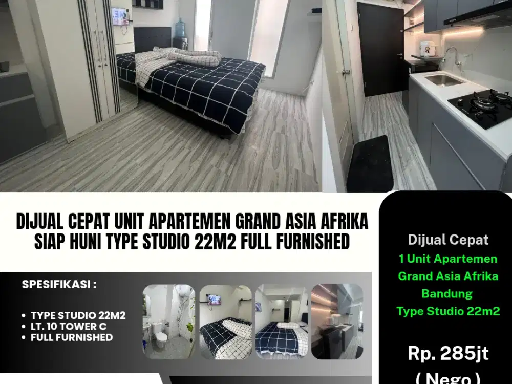 Dijual Cepat Unit Apartemen Grand Asia Afrika
Siap Huni Type Studio 22m2 Full Furnished