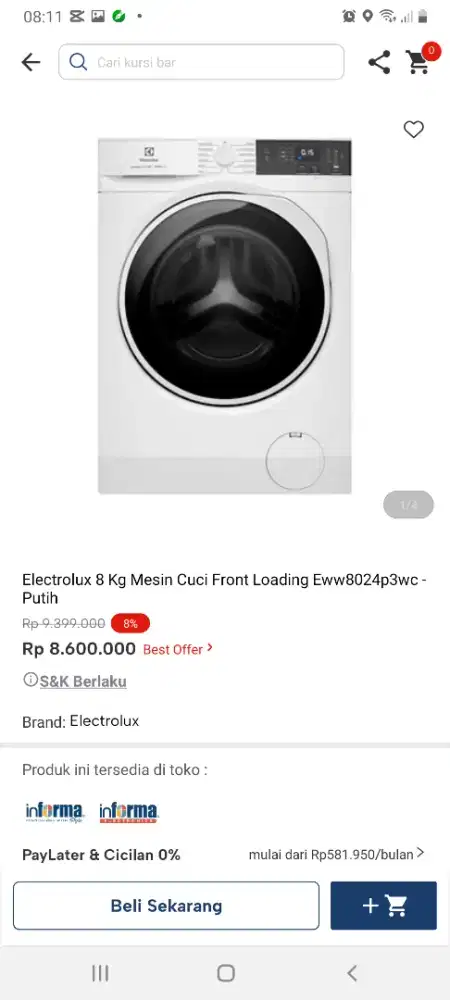 Electrolux mesin cuci 100%kering 8kg